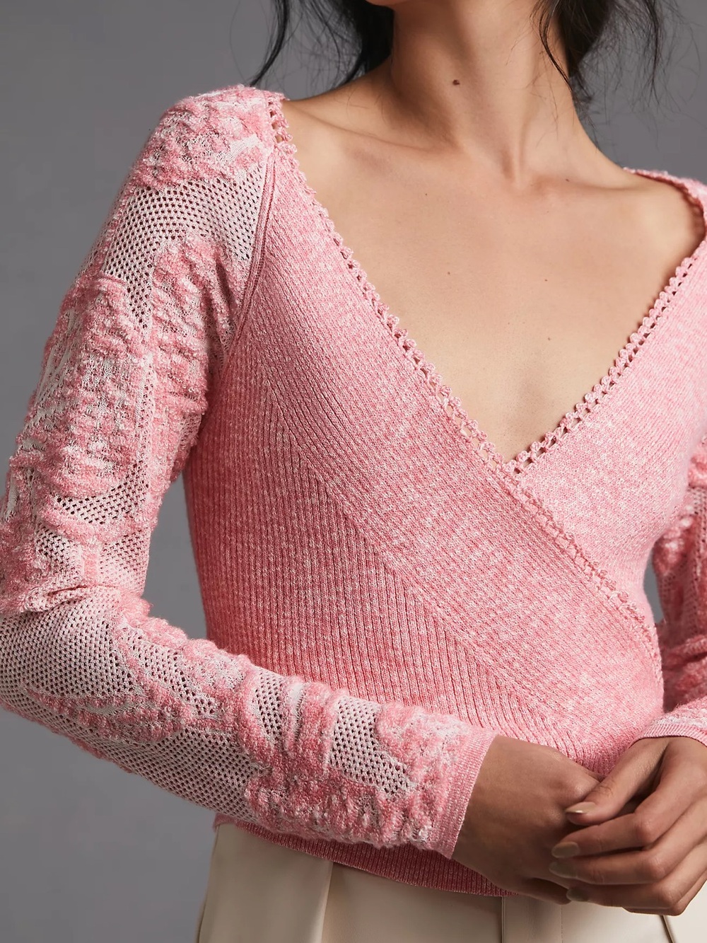 ANTHROPOLOGIE S Lace Sleeve Sweater in Pink • Deep Surplice Romantic Pullover